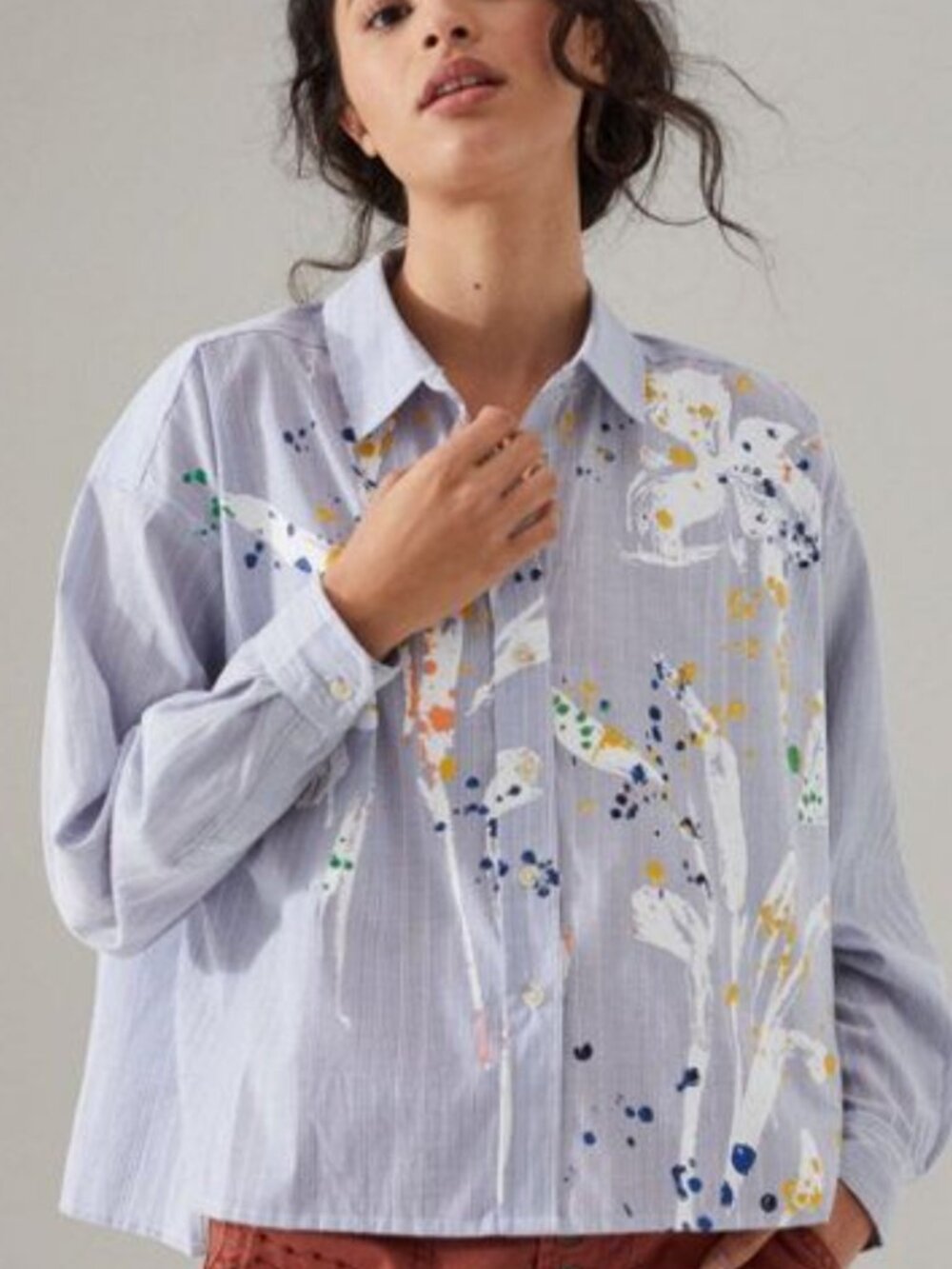 Anthropologie Maeve Alaina Swing Buttonup Shirt Size X-Small Floral Paint Splat